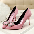 Exquisite Girl Shoe Square Buckle with Diamond Pointed Toe Black Color High Heel Pump Dress Shoes